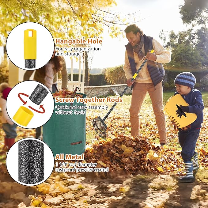 Rake, Garden Leaf Rake Set, 65 Inch Long 18 Inch Wide Heavy Duty Leaf Rake with 25 Metal Tines, 32 Gallon Leaf Bags, Leaf Scoops, Yard Garden Thatching Rake for Leaves with Adjustable Handle