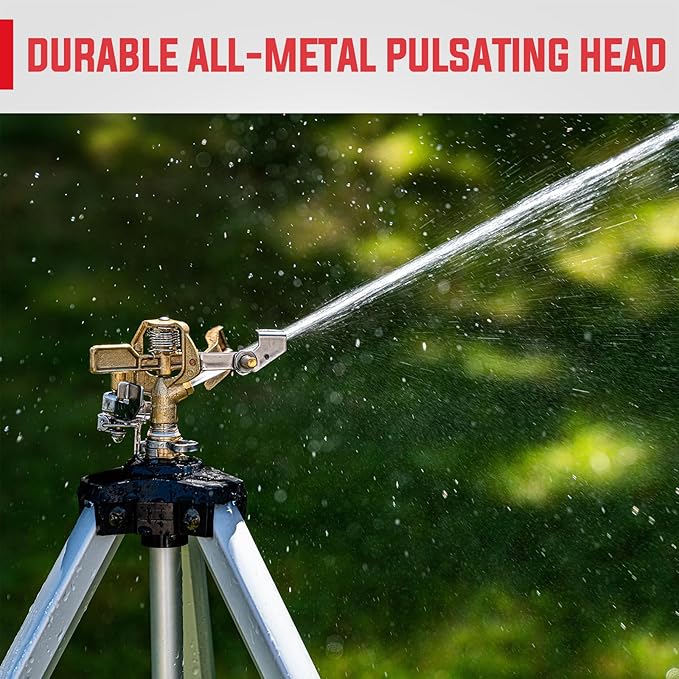 YAMATIC Impact Sprinkler on Adjustable Tripod Base, 360 Degree Large Area, Heavy Duty Adjustable Pulsator Sprinkler for Lawn, Yard and Grass Irrigation, Spray up to 20-90ft(Brass Head)