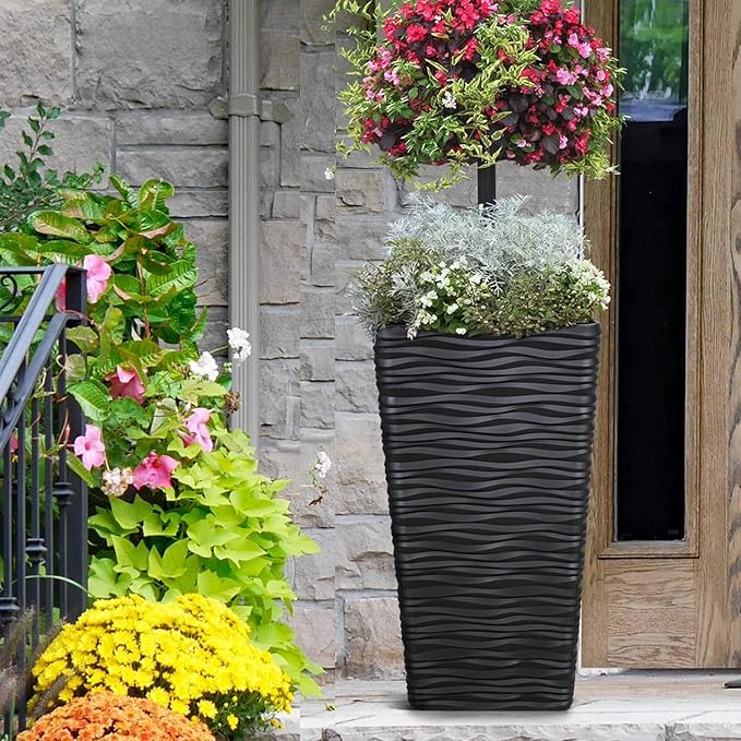 Worth Garden 2-Pack Black Tall Tree Planter - Plastic Square Tapered Plant Pots for Indoor Outdoor - 22" H - Modern Wavy Finish Decorative Flower Pots for Front Porch Containers Patio Deck