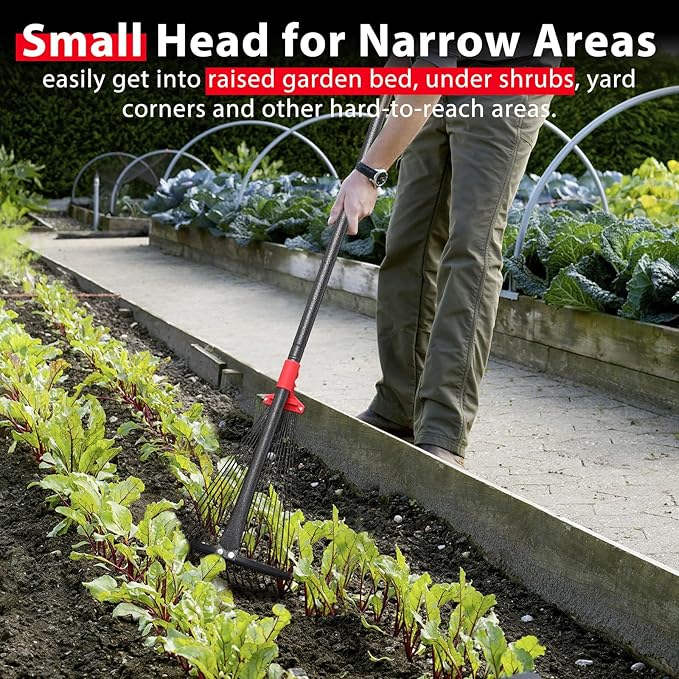 Rake for Leaves, Adjustable Garden Leaf Rakes for Lawns Heavy Duty, Metal Rake with 18 Clog-Free Tines, 9”-17” Collapsible Rake Head, 6 ft Long Handle, Yard Tools for Gardening Camping Fast Cleanup