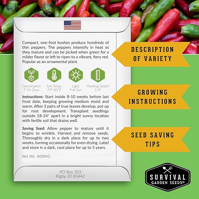 Survival Garden Seeds - Thai Pepper Seed for Planting - 1 Packet with Instructions to Plant & Grow Spicy Hot Bird's Eye Chili Peppers in Your Home Vegetable Garden - Non-GMO Heirloom Variety