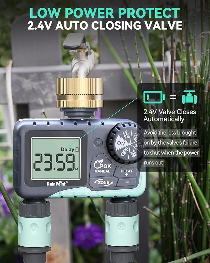 RAINPOINT Water Timer for Garden Hose - Sprinkler Timer with Brass Swivel - Rain Delay/Manual Watering/Automatic Irrigation Controller System Hose Timer Programmable Faucet Timer for Yard, 2 Outlet