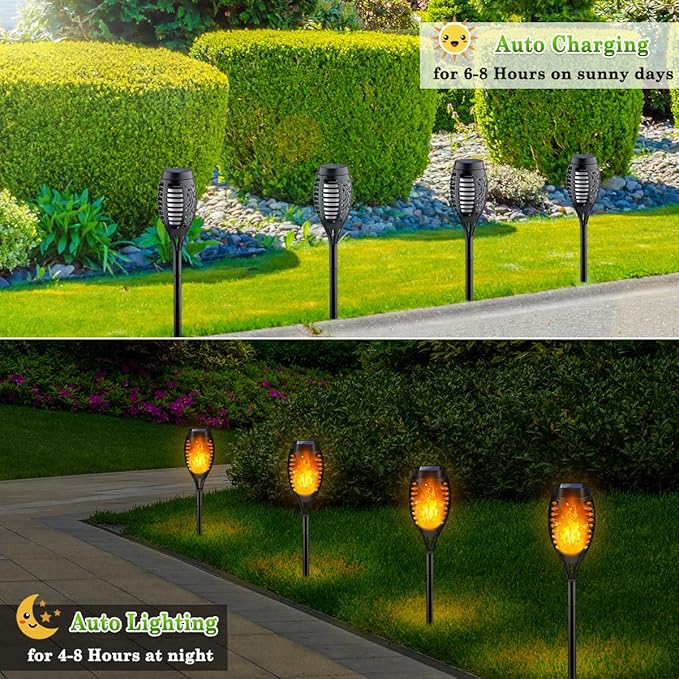 Outdoor Solar Lights, 6Pack Solar Torch Light with Flickering Flame, Garden Lights Waterproof for Outdoor Decor, Tiki Torches for Outside, Luces Solares para Exteriores Pathway Yard Garden Decor