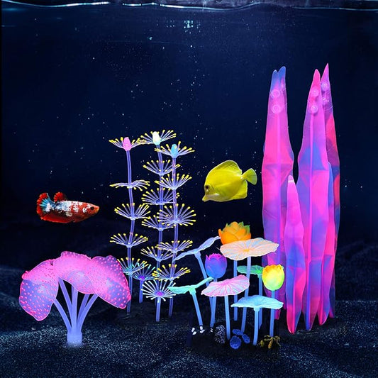 Lpraer 4 Pack Glow Aquarium Decorations Coral Anemone Lotus Leaf Seaweed Simulation Glow Plant Glowing Effect Silicone for Fish Tank Decorations