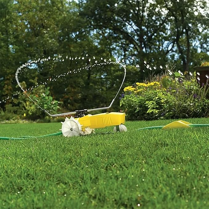 Nelson Rain Train Traveling Sprinkler for Yard, Heavy Duty Rotating Lawn Sprinkler with Large Area Coverage, Yellow