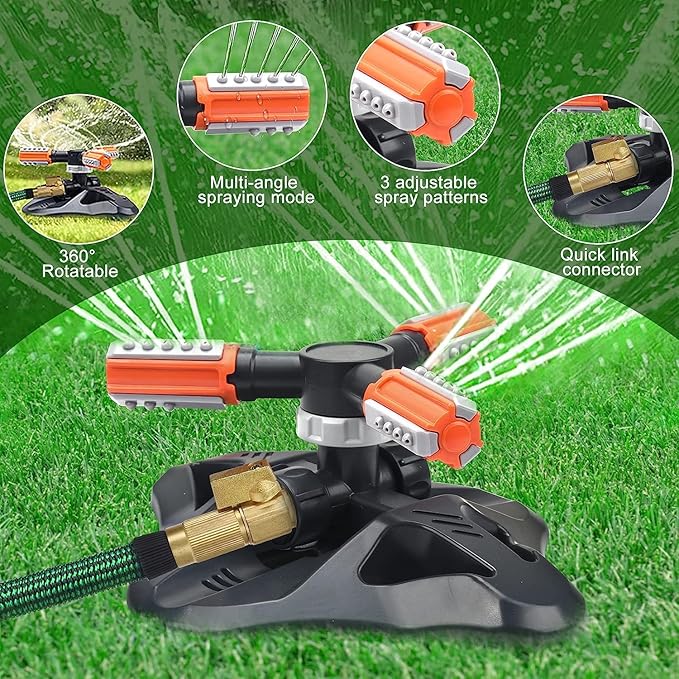 Lawn Sprinkler,Upgrade Garden Sprinkler Automatic 360 Degree Rotating Irrigation Grass Water Sprinkler System, Garden Hose Sprinkler for Yard/Built in 36 Units Angle Spray Nozzles-1Pack(Orange)