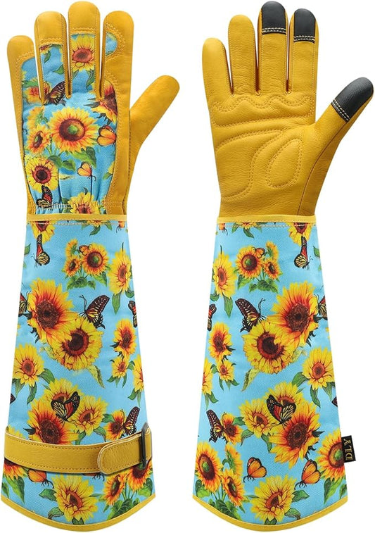 DLY Gardening Gloves for Women, Rose Gloves Gardening Thorn Proof, Long Garden Gloves for Women, Breathable Cowhide Leather Gauntlet (X-Large, Blue)