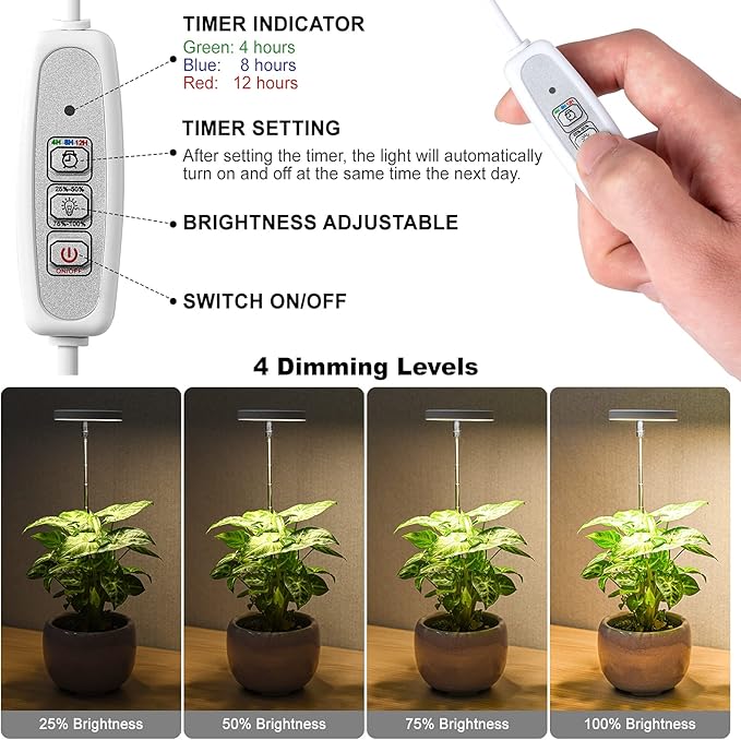 LORDEM Grow Light, Full Spectrum LED Plant Light for Indoor Plants, Height Adjustable Growing Lamp with Auto On/Off Timer 4/8/12H, 4 Dimmable Brightness, Ideal for Small Plants, 3 Packs