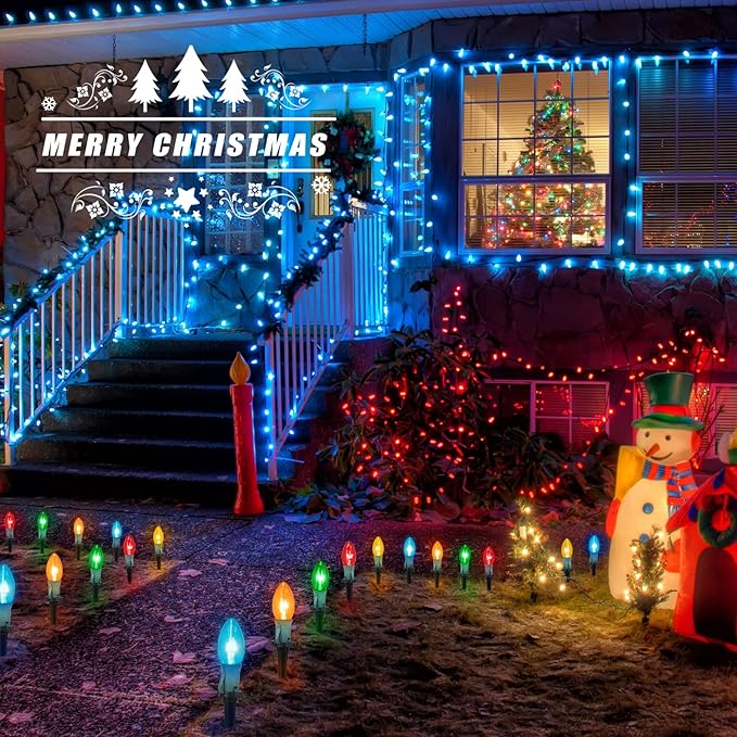 Brightown 2 Pack C9 Christmas String Lights Outdoor, Total 51.4 Feet 40 Bulbs Pathway Lights Waterproof Replaceable for Indoor Xmas Party Holiday Wedding Commercial Decorations, Multicolored