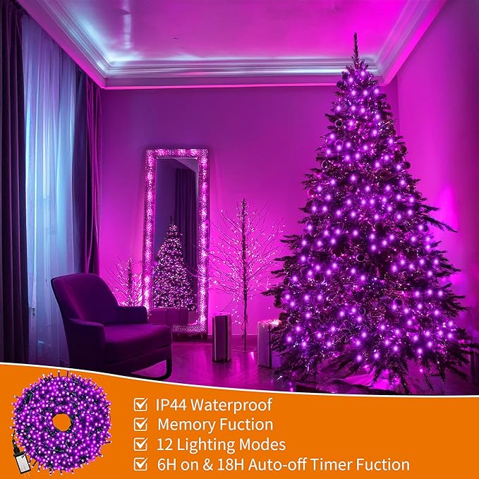 Christmas Tree Light 500 LEDs 172ft Green Cable Wire Low Voltage Fairy String Twinkle Lights Waterproof 12 Modes for Party, Halloween, Outdoor, Garden, Wedding, Home Decoration (Purple)