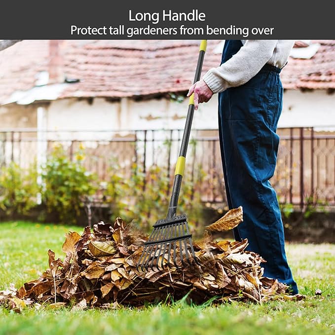 Oliynedy Leaf Rake for Gardening, Adjustable Metal Garden Rake for Leaves Long Handle 30-70", 11 Tines 9" Wide Small Lawn Collapsible Yard Adult Kids Rake for Camping Flower Beds Mulch Shrub