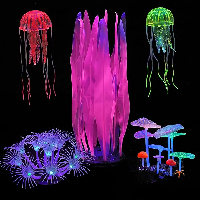 Lpraer 5 Pack Glow Aquarium Decorations Kelp Coral Mushroom Sun Flower Jellyfish Simulation Glow Plant Glowing Effect Silicone for Fish Tank Decorations
