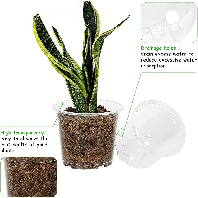 60 Pack 4/5/6 Inch Clear Nursery Pots with Drainage Holes, Transparent Plastic Pots for Plants, Reinforced Seed Starter Pots Flower Pots Come with 50pcs Plant Labels