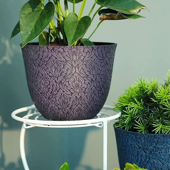 Worth Garden Plastic Round 8" Plant Pots for Indoor Plants - Set of 6 Multicolor Small Flower Pots W/Drainage Hole and Rubber Plug - Home Christmas Decorative planters Retro Floral Pattern