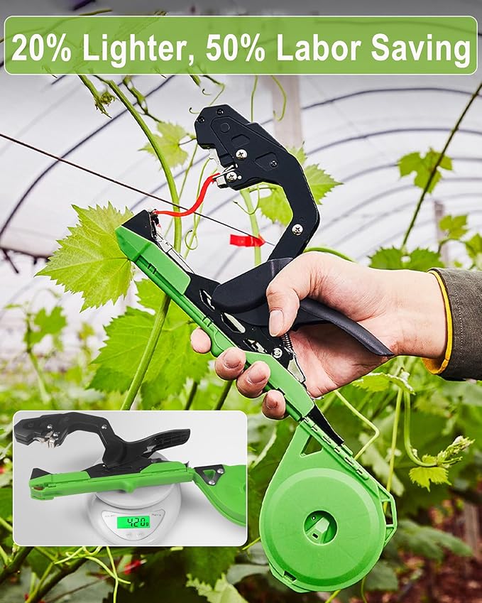 PATILWON Plant Tying Machine with Green Tape - Lightweight Plant Tie Tool for Vine Plants, Includes Staples, Blades, and 20 Rolls of Elastic Tape for Gardening