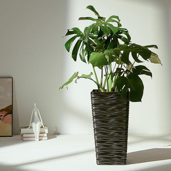 Worth Garden 2-Pack Black Tall Tree Planter - Plastic Square Tapered Plant Pots for Indoor Outdoor - 22" H - Modern Wavy Finish Decorative Flower Pots for Front Porch Containers Patio Deck