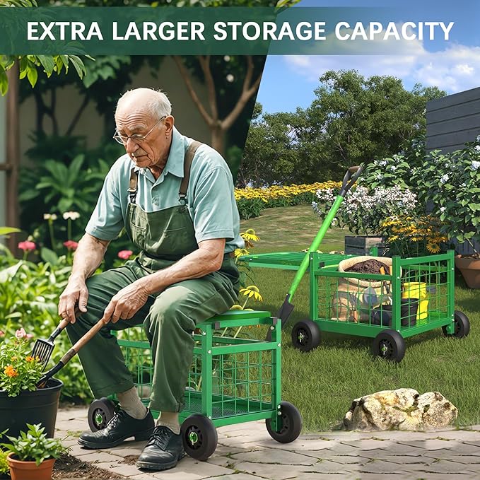 FLINTER Rolling Garden Work Seat with Wheels, Heavy Duty Garden Cart with Seat - Garden Rolling Cart Stools w/Wheels for Seniors