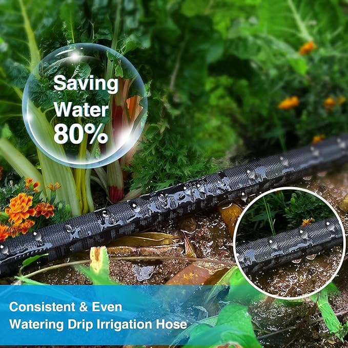 Flat Garden Soaker hose 50ft,Drip irrigation hose for garden beds,water hose with holes for flower beds,Saves 80% water.