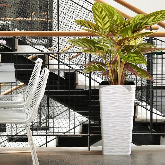 Worth Garden 2-Pack Tall Tapered Planter - Plastic White Square Plant Pots - 22" Tall Large Tree Planter - Modern Matte Wavy Flower Pot for Indoor Outdoor Porch Deck