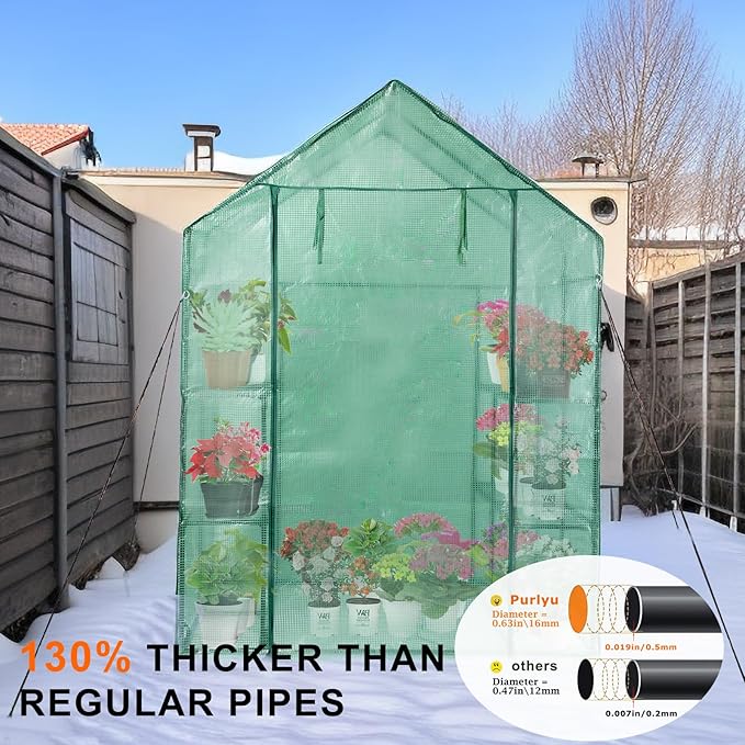 Walk-in Greenhouse w/ Roll-Up Zipper Door & Screen Windows-3 Tiers 12 Shelves 56x56x76“ PE Greenhouse for Outdoor Gardening Plants Cold Frost Protection Wind Rain Proof(PLGHW002G-N)
