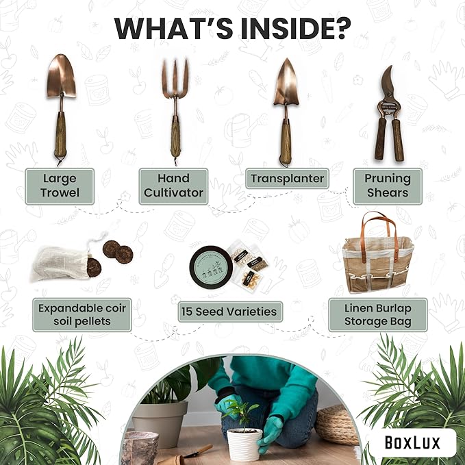 Premium Gardening Tools Gift Set, Over 1,700 Non GMO Vegetable Seeds, Copper Steel Tools for Planting, Garden Tool Kit for Women with Handbag and Coco Coir Soil Pellets, Birthday Gift Box