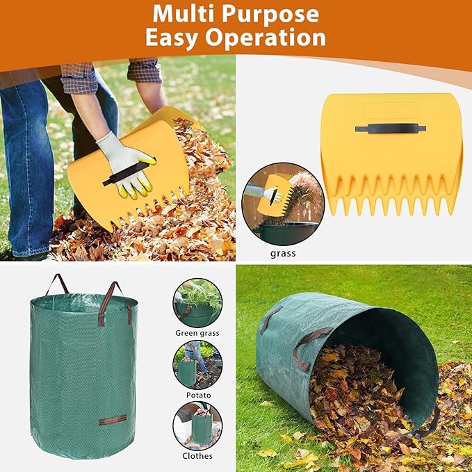 Rake, Garden Leaf Rake Set, 65 Inch Long 18 Inch Wide Heavy Duty Leaf Rake with 25 Metal Tines, 32 Gallon Leaf Bags, Leaf Scoops, Yard Garden Thatching Rake for Leaves with Adjustable Handle
