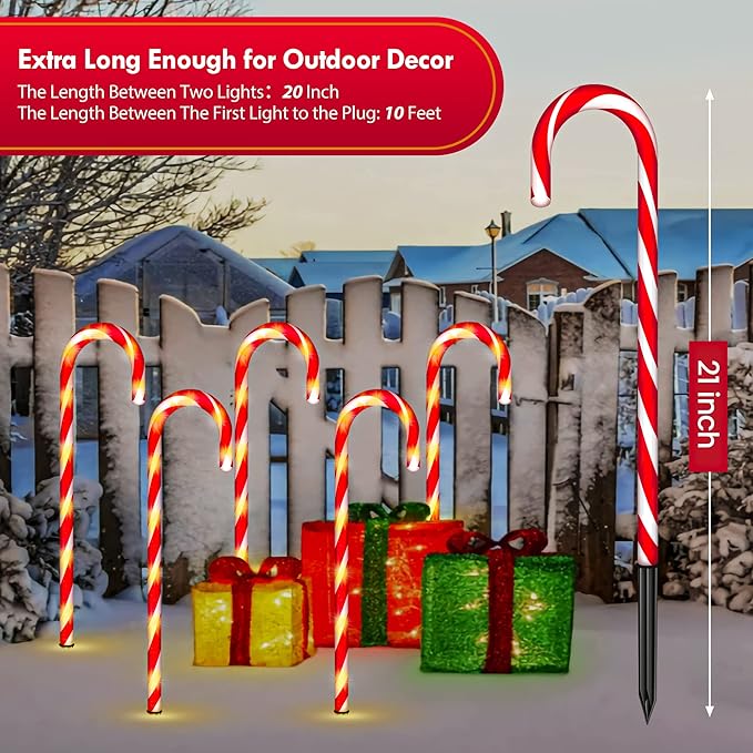 WeGuard 10PK Christmas Candy Cane Pathway Lights Outdoor Decorations 21" 8 Lighting Modes Flashing Waterproof Outdoor Lighted Christmas Decor for Garden Yard (Red)