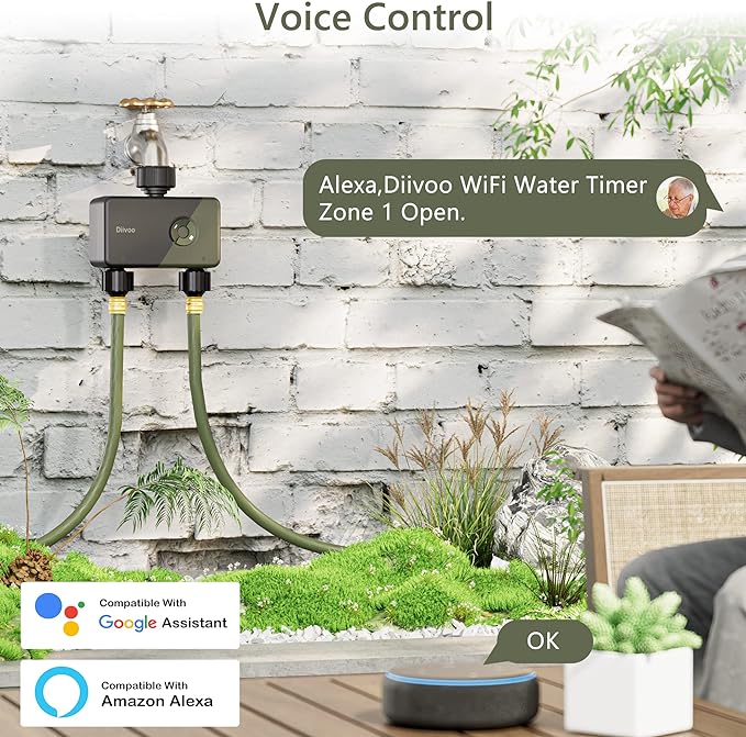WiFi Sprinkler Timer 2 Zone, Diivoo Programmable Water Hose Timer 2 Outlet for Garden, Automatic Irrigation Timer IP54 with Rain Delay/Manual/Auto Mode, Outdoor Hose Timer Controller for Lawn, Yard