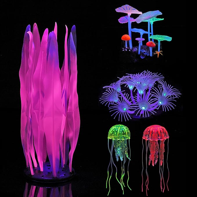 Lpraer 5 Pack Glow Aquarium Decorations Kelp Coral Mushroom Sun Flower Jellyfish Simulation Glow Plant Glowing Effect Silicone for Fish Tank Decorations