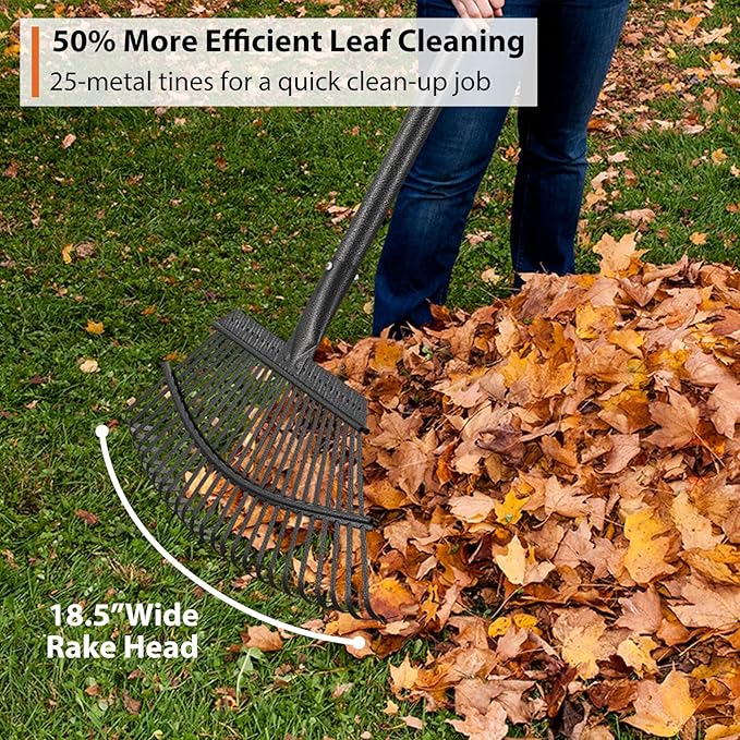Rake, Gardening Rakes for Leaves Lawns Heavy Duty, 79 in Leaf Rake with 25 Clog-Free Tines, 18.5” Wide Large Rake Head, Metal Garden Tools for Yard Quick Cleanup Garss, Debris, Detachable for Camping