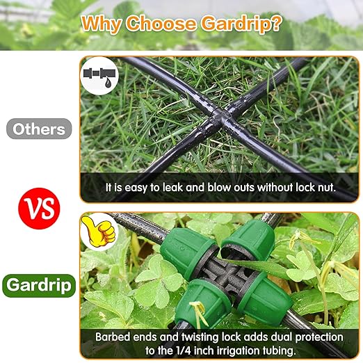 Upgraded 1/4" Drip Irrigation Fittings：50 Pieces Set-20 Couplings 15 Tees 10 Elbows 5 End Plugs, Leak Free Barbed Locked Nut Connectors for 1/4 Inch Irrigation Tubing