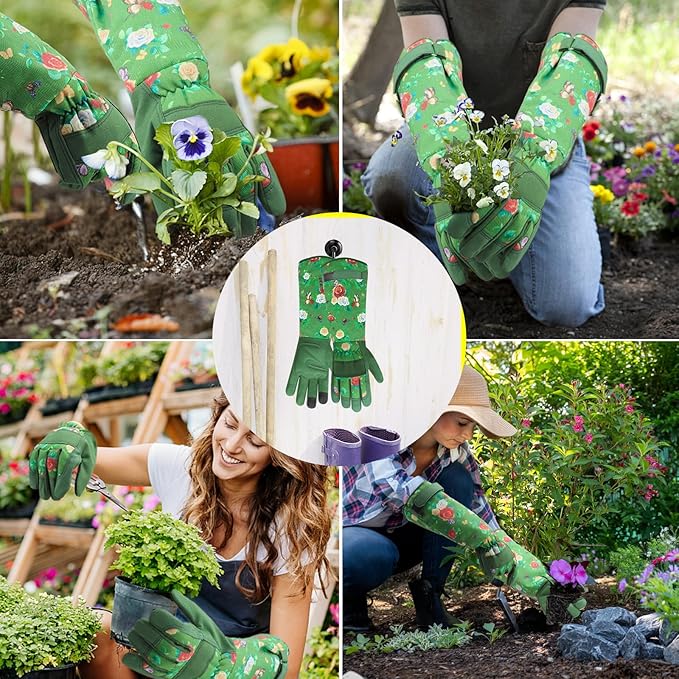DLY Gardening Gloves for Women, Rose Gloves Gardening Thorn Proof, Long Garden Gloves for Women, Durable and Comfortable Leather Gauntlet (Medium, Green