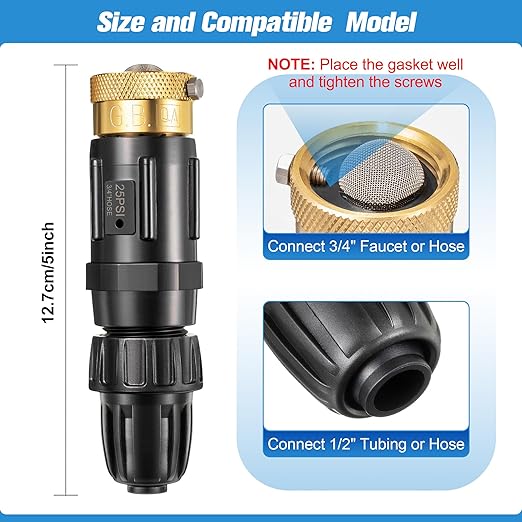 Feekoon 1 Set Drip Irrigation Faucet Adapter Kit 1/2'' Irrigation Tubing to 3/4'' Faucet Water Pressure Regulator Backflow Preventer with Filter, Drip Irrigation System Parts, No Assembly Required