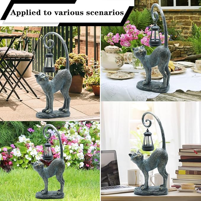 Resin Cat Statue with Solar Lantern, Eye-catching Garden Sculpture Decor，15.3" Height Outdoor Figurine for Garden Yard Patio Decorations，Birthday Gifts