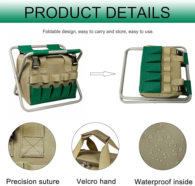 Folding Gardening Stool with Detachable Storage Tote Bag, Multifunctional Gardening Tools Set Organizer for Fishing and Camping,Portable Garden Chair Seat for Adults,Without Tools (Green)
