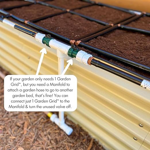 Garden Grid Connection Manifold | Connect Neighboring Garden Grids or Just 1 and/or Daisy-Chain from Manifold to Manifold with Garden Hoses to Connect Many Garden Grids | 6” Height