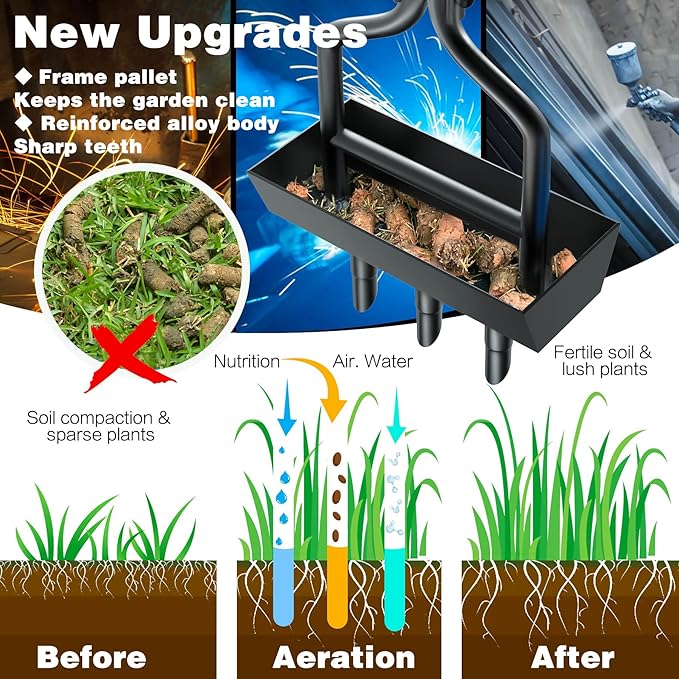 Manual Lawn Aerator with Tray & 3 Hollow Slots Manual Soil Corer Collector Lawn Plug Core Aeration Tool Heavy Duty Lawn Core for Soils & Lawns Yard Garden, 37.6 inches, Black