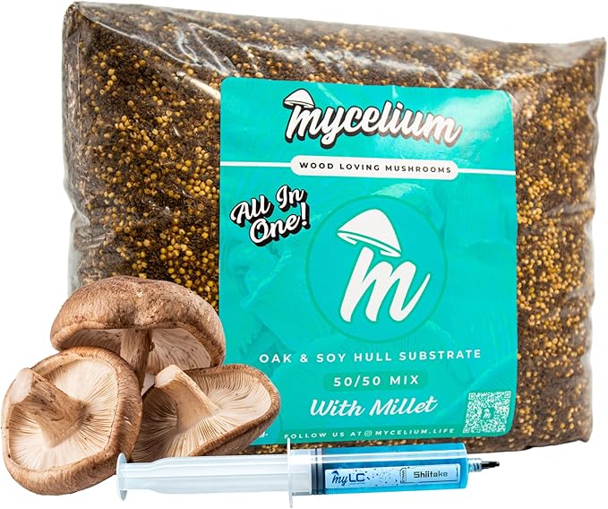 Mycelium’s Shiitake Gourmet Mushroom Kit | 5LBS Oak & Soy Hull with Millet Blend | 20ML Liquid Culture Syringe | All-in-One Complete Cultivation Kit | Pre-Sterilized - Home Growing Made Easy