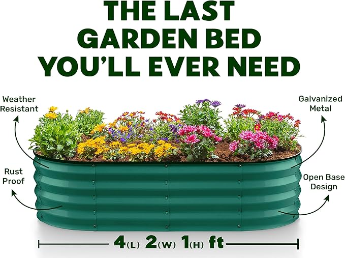 Galvanized Raised Garden Beds Outdoor // 4×2×1 ft Planter Raised Beds for Gardening, Vegetables, Flowers // Large Metal Garden Box (Dark Green) // Patented Tool-Free Design