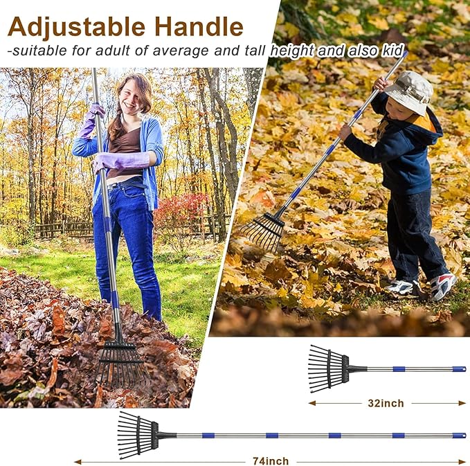 Rake, Garden Rake for Leaves, Leaf Rake Heavy Duty for Yard,Lawn,Shrub,Grass,Mulch, 18" Metal Head,6ft Adjustable Long Handle,Adults Kids Rake for Gardening