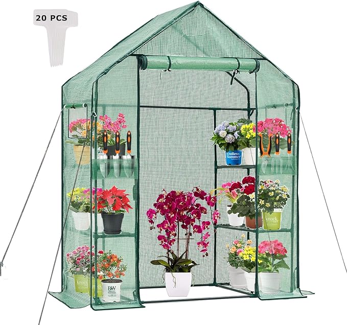 Walk-in Greenhouse 3 Tiers 6 Shelves Roll-Up Zipper Door -28x56x76 inch PE Greenhouse Cover for Outdoor Plant Gardening Plants Cold Frost Protection Wind Rain Proof(PLGHW001G-N)