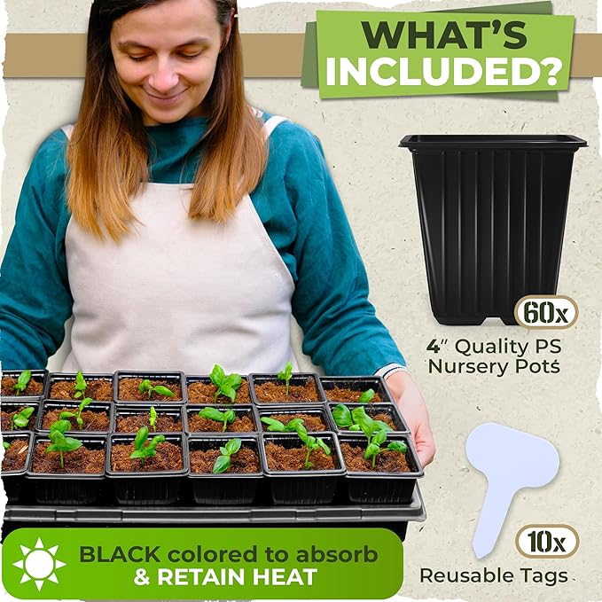 CARPATHEN 60Pack Square Nursery Pots - 3.8 Inch Reinforced Nursery Pots for Plants with Drainage - Reusable Seed Starter Pots for Flowers, Vegetables - Seedling Pots Kit with 10 Plastic Reusable Tags