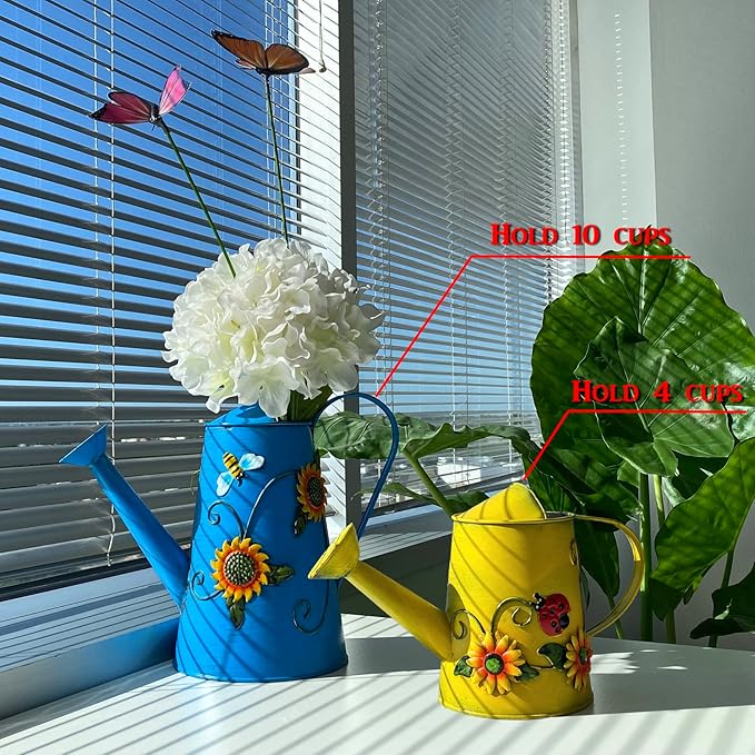 Decorative Sunflower & Ladybug Metal Watering Can (Vol: 4 Cups) | Small Yellow Watering Can | Garden Décor Housewarming Gift for Mother Women Friends Gardeners