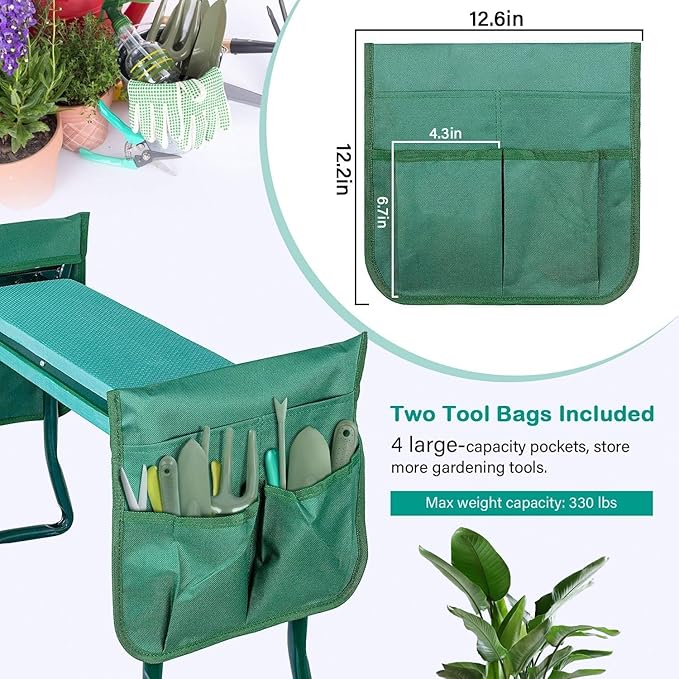 YSSOA 2024 New Garden Kneeler and Seat, with Sturdy Soft EVA Foam Pad, Hold Up to 330lb, Foldable Kneeling Bench, with 2 Tool Pouch for Gardening, Fishing, Camping, Green