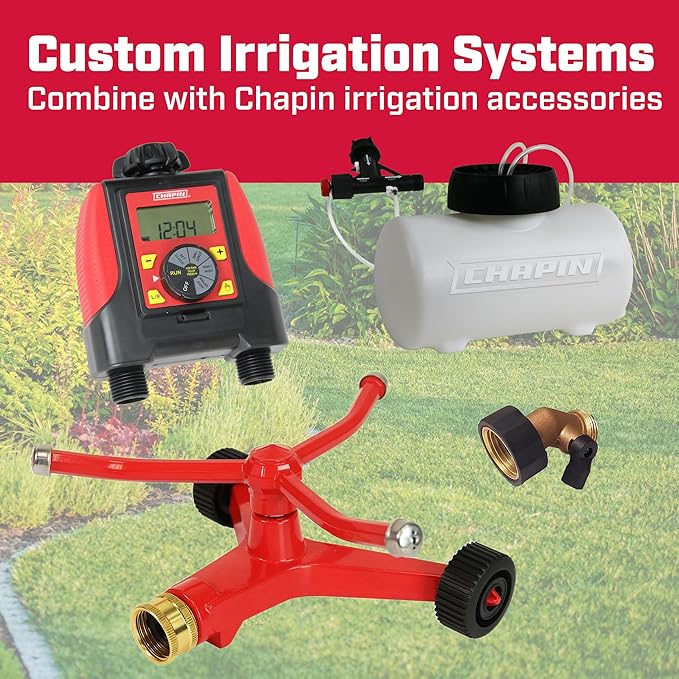 Chapin 4986: 3-Arm Rotary Sprinkler, 360 Degree Automatic Rotary Sprinkler with Wheeled Base for Small Gardens and Lawns, Up to 45ft Coverage Area, Lawn Sprinkler, Small Area Yards and Garden Watering