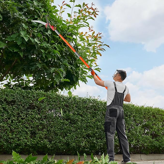 Outvita Manual Pole Saw, 26 Feet Extendable Tree Pruner with Knives and Storage Pocket, Sharp Steel Blade and Scissors High Branches Trimming for Pruning Palms and Shrubs（Orange）