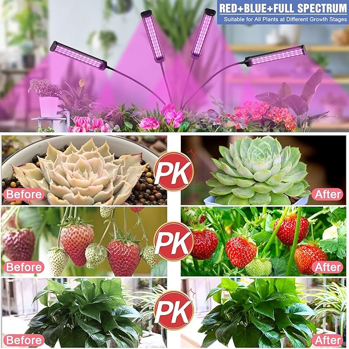 LED Grow Lights for Indoor Plants, 432 LEDs Red Blue White Full Spectrum Plant Lights for Indoor Growing with 15-63 inches Adjustable Tripod Stand, 4 Heads Grow Lamp with 4/8/12H Auto On/Off Timer