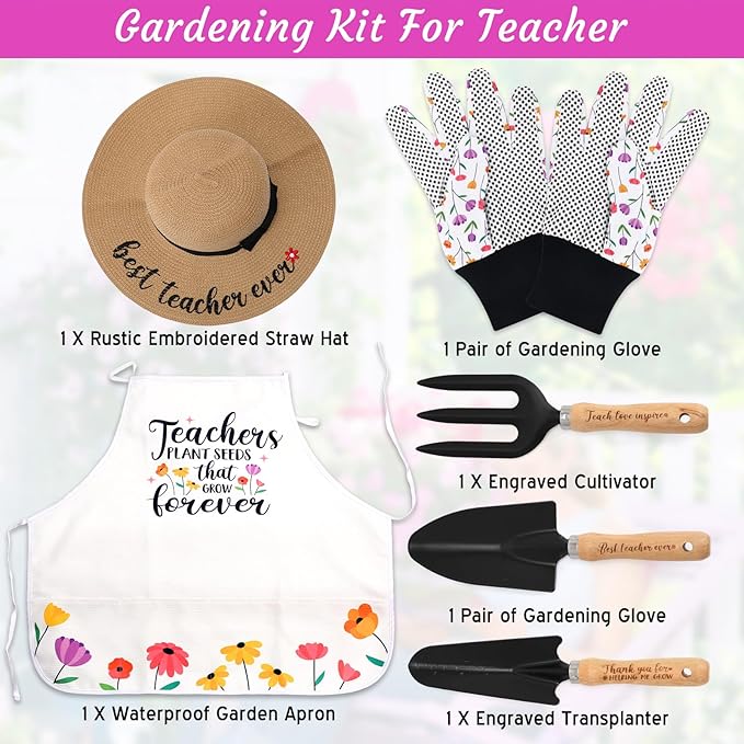 Percozzi Teacher Appreciation Gifts, Gardening Tools Kit Planting Hand Tools Straw Hat Apron Glove Women Birthday Spring Basket Plant Lovers Outdoor Yard Lawn Supplies Set of 6