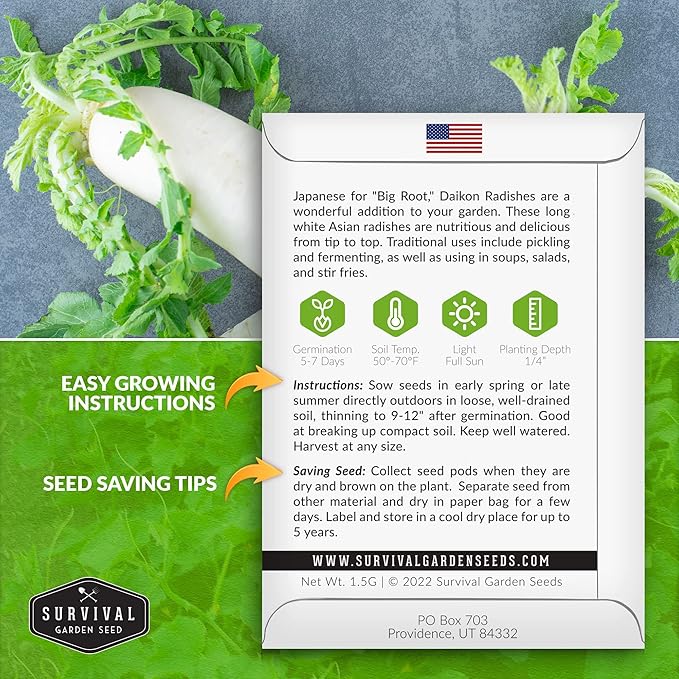Survival Garden Seeds - Daikon Radish Seed for Planting - 5 Packs with Instructions to Plant and Grow Japanese Radish Vegetables in Your Home Vegetable Garden - Non-GMO Heirloom Variety