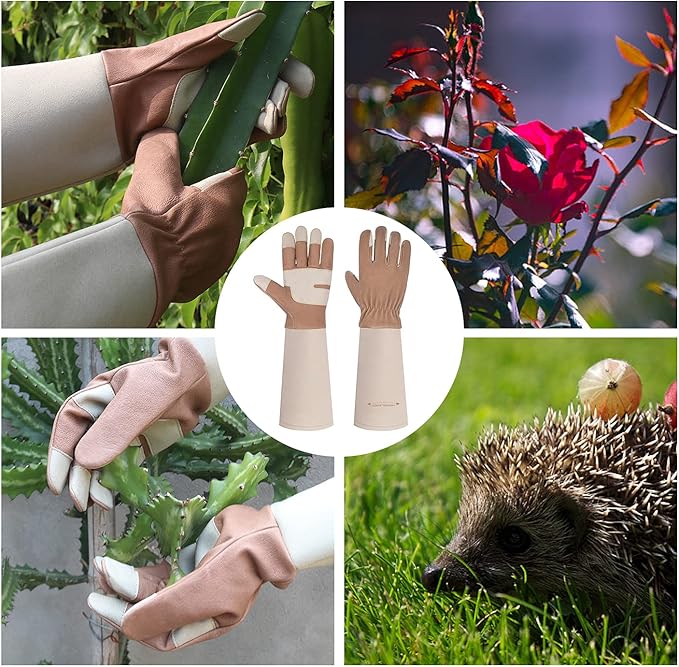 HANDLANDY Long Gardening Gloves for Men & Women, Thorn Proof Rose Pruning Gloves Leather Gauntlets Garden Gloves Yard Work Gloves (Small, Brown)